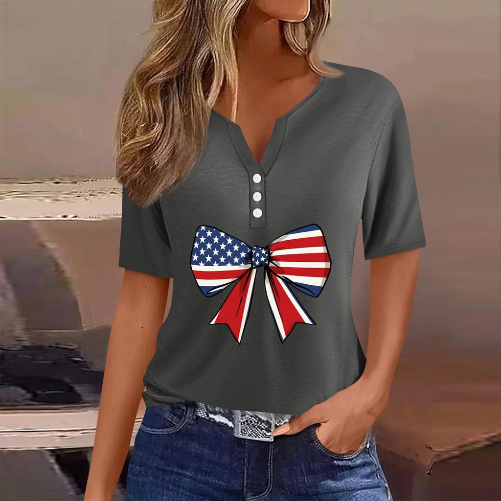 Women's T Shirt Tee Independence Day Print Button Short Sleeve Daily Weekend Fashion Basic V-Neck Regular Top