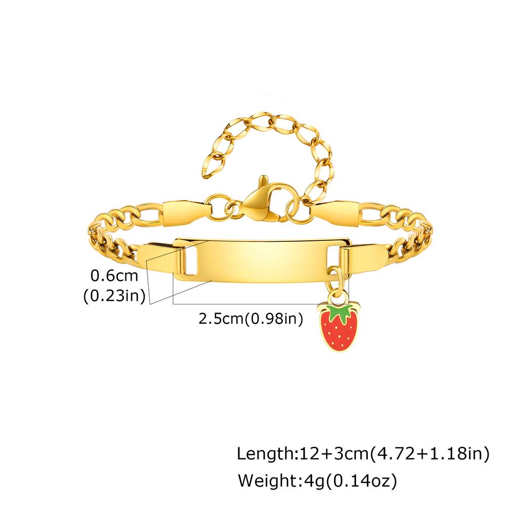 Personalized Customized Name Bracelet for Girl Boy Children, Strawberry Cherry Pendant Stainless Steel ID Bracelet for Kids