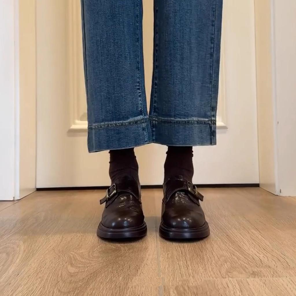 Sheepskin Version~ Retro Belt Buckle Deep Mouth Loafers Women's Simple Commuting Thick Heel One Pedal British Style Small Leather Shoes