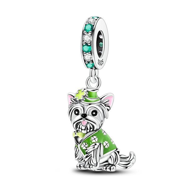 S925 Silver Cute Dog Charms Bead Keychain Animal Puppy Teddy Yorkshire Terrier Crab Paw Whale Rooster Snake Crocodile Jewelry