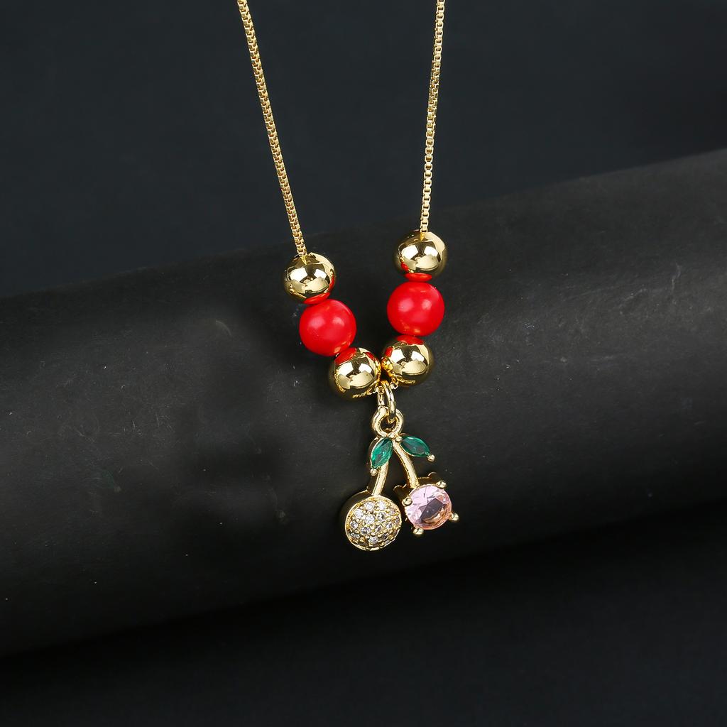 Hot Sale Crystal Red Cherry Pendant Necklace For Woman Gold Plated Fruit Collarbone Chain Fashion Daily Party Jewelry Gift