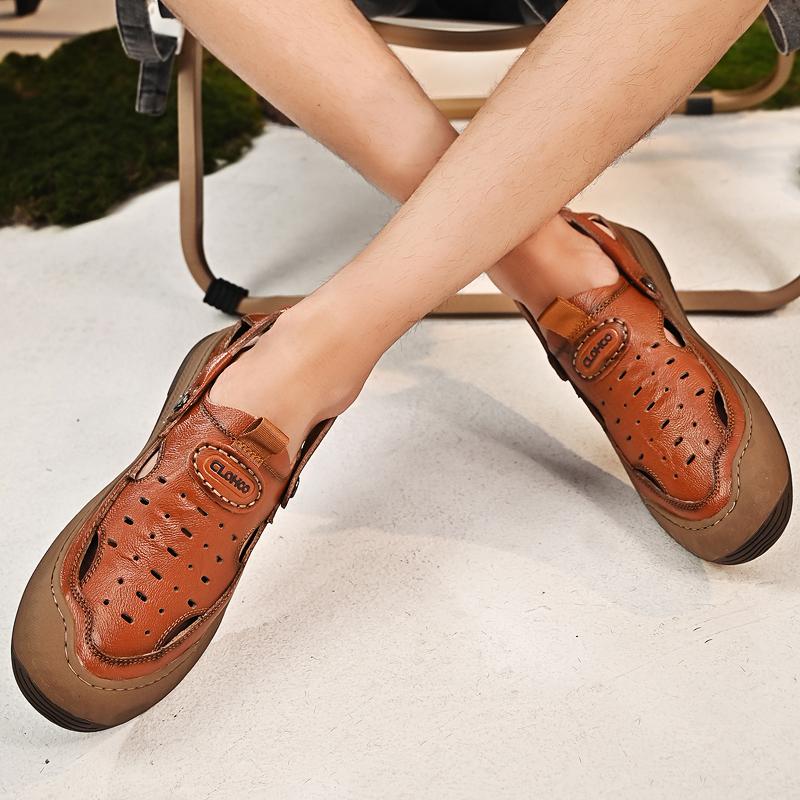 Fashion Breathable Beach Leather Man Sandals Outdoor Soft Hiking Closed Toe Summer Hollow Out Shoes Mens Baotou Trekking Casual Sandals