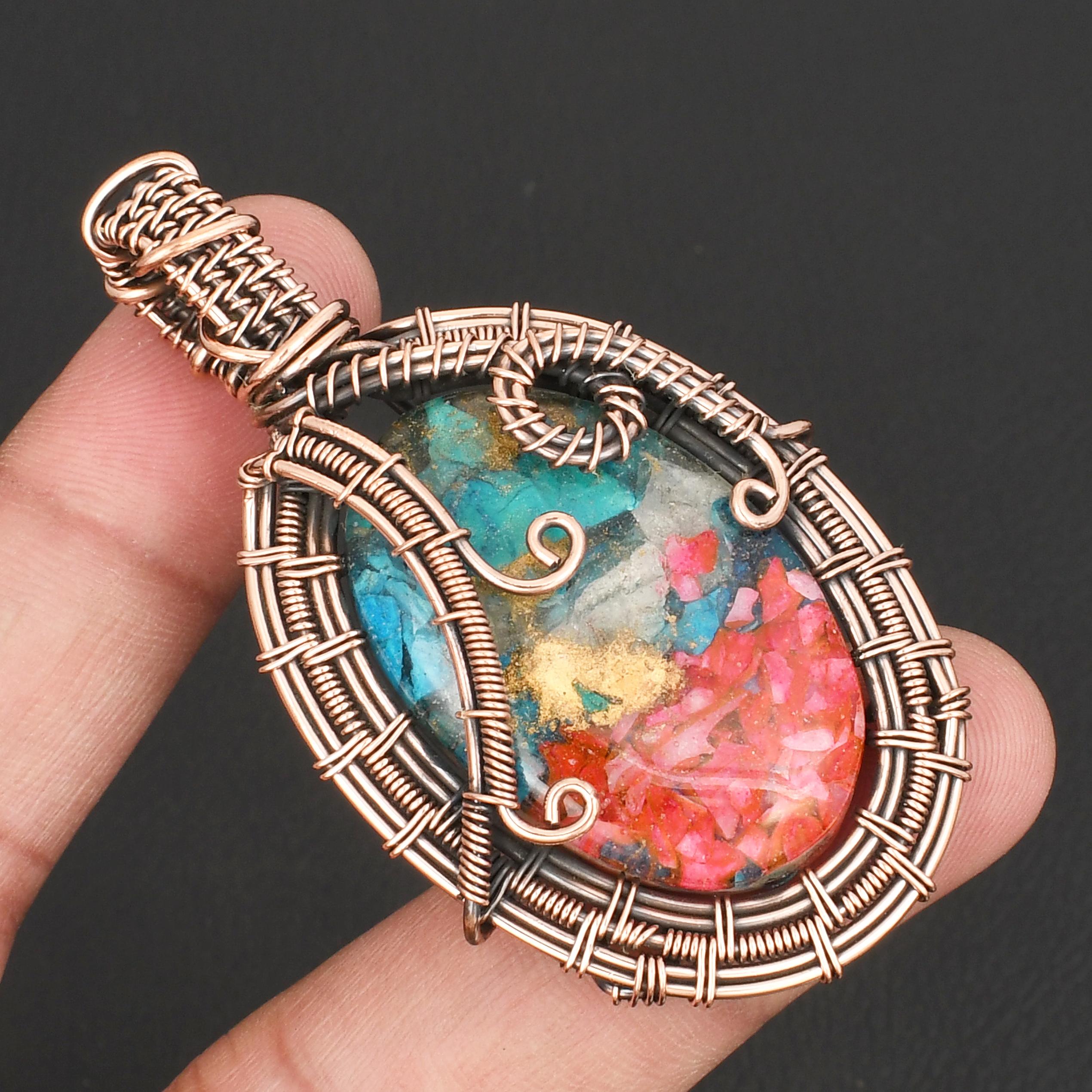 Handmade Copper Wire Wrapped Pendant Oyster Turquoise GemStone Bohemian Statement Jewelry for Women