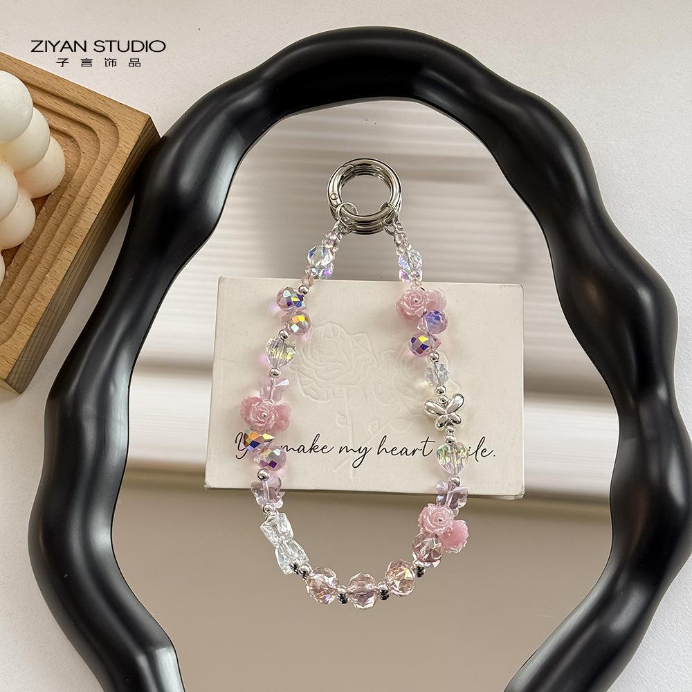 

1PC original alloy butterfly crystal mobile phone chain, earphone bag decoration, high-end keychain, luminous rose hanging chain.