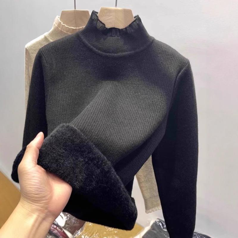 New semi-turtleneck fleece thickened sweater women's autumn and winter lace edge integrated fleece knitted sweater bottoming shirt