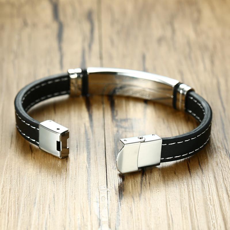 Men  Black Leather Medical Alert Bracelet with Carving Disease