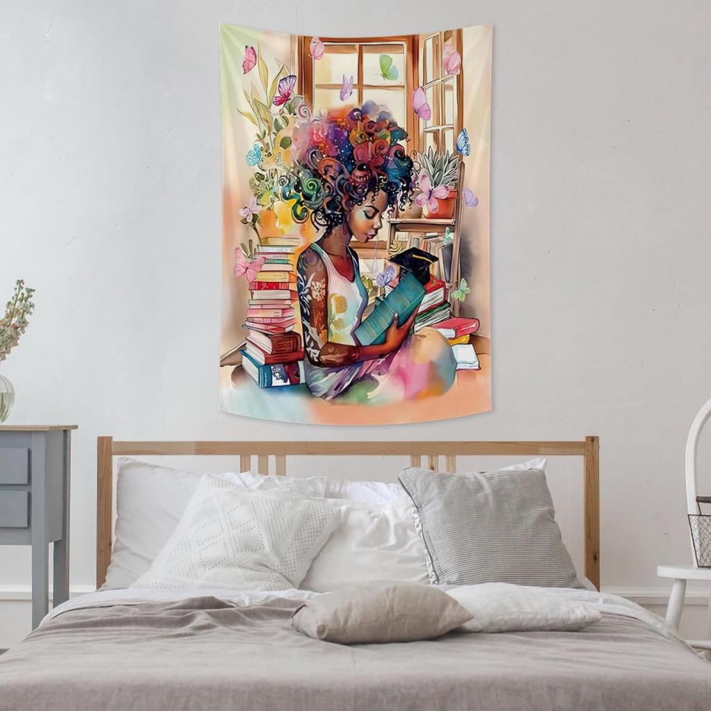 Afroamerikanische Mädchen Wandkunst Leinwand Bücher lesen Ästhetische Dekoration Inspirierende Mädchen Wandteppiche Wandbehang für Schlafzimmer Wohnzimmer