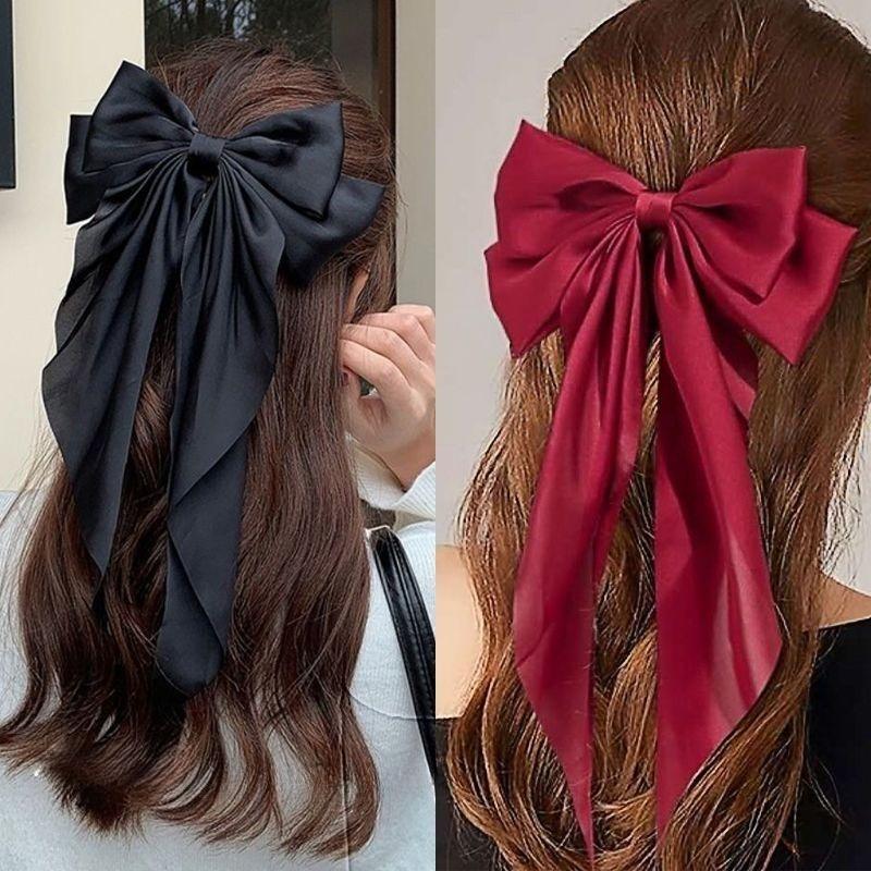 Oversized Satin Bow Hair Clip with Long Ribbon Elegant Solid Color Hairpin for Women Girls Party Daily Hairstyling