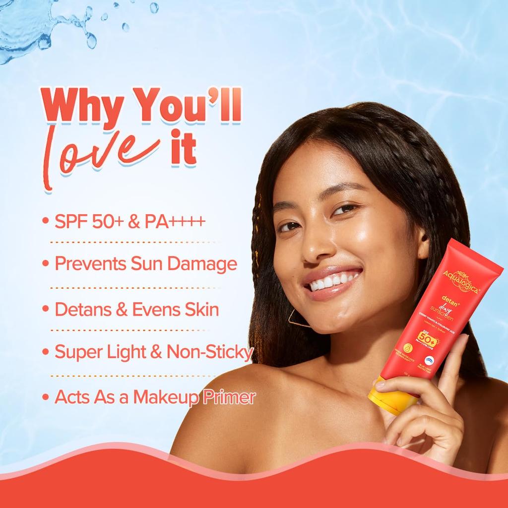 Aqualogica Detan+ Dewy Sunscreen Gel SPF 50+ PA++++ Lightweight No White Cast For All Skin Types 125 g Blue Light