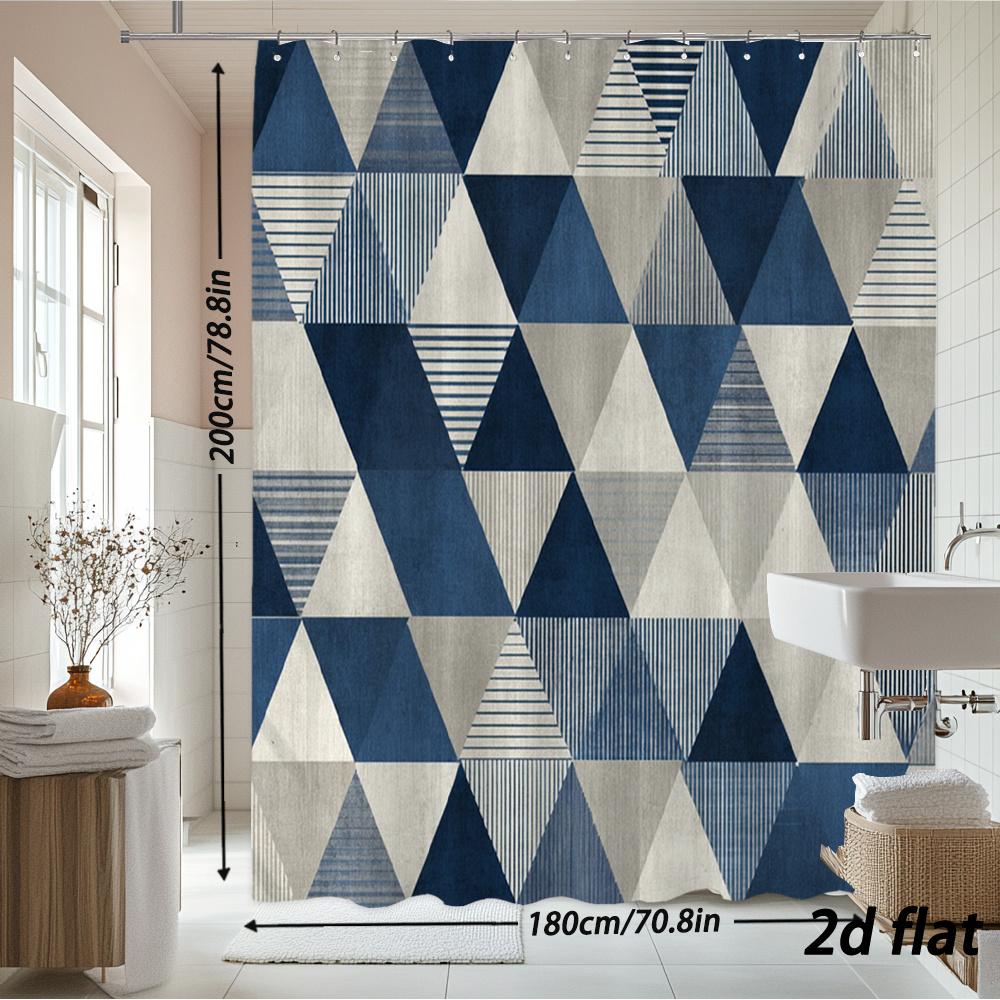 Navy & Gray Geometric Triangle Shower Curtain – Scandi Modern Bath Decor 70.8X70.8In, Polyester, Machine Washable, 12 Hooks