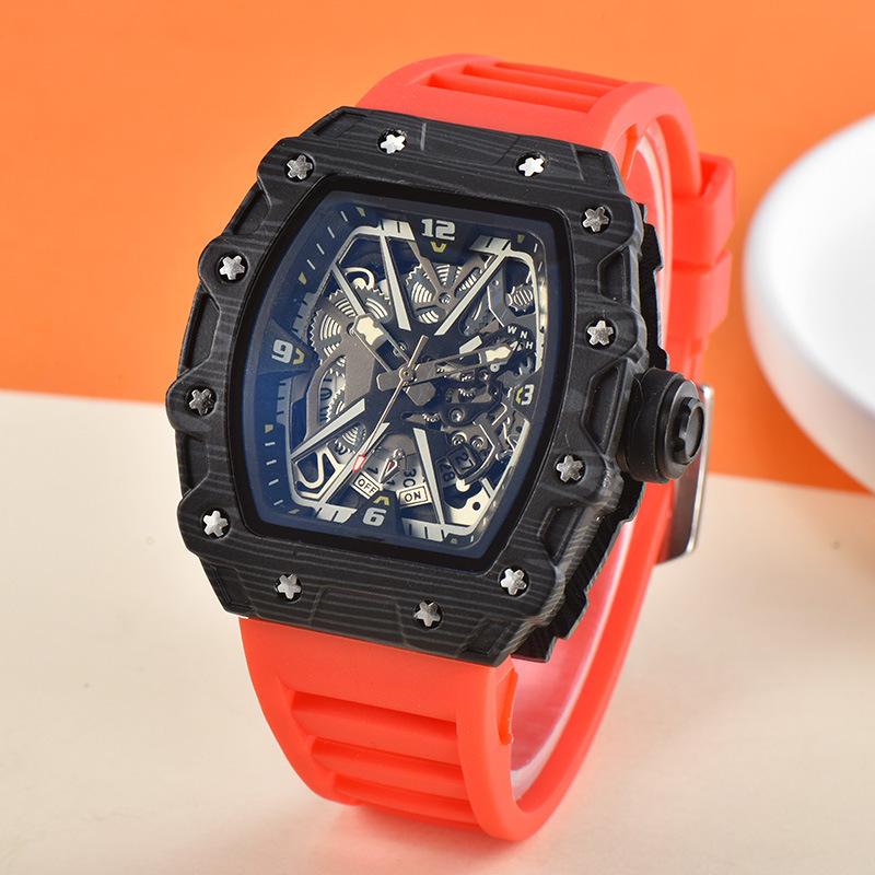 Vibrant Wine Barrel Shape Quartz Watch with Carbon Fiber Hollow Design for Men