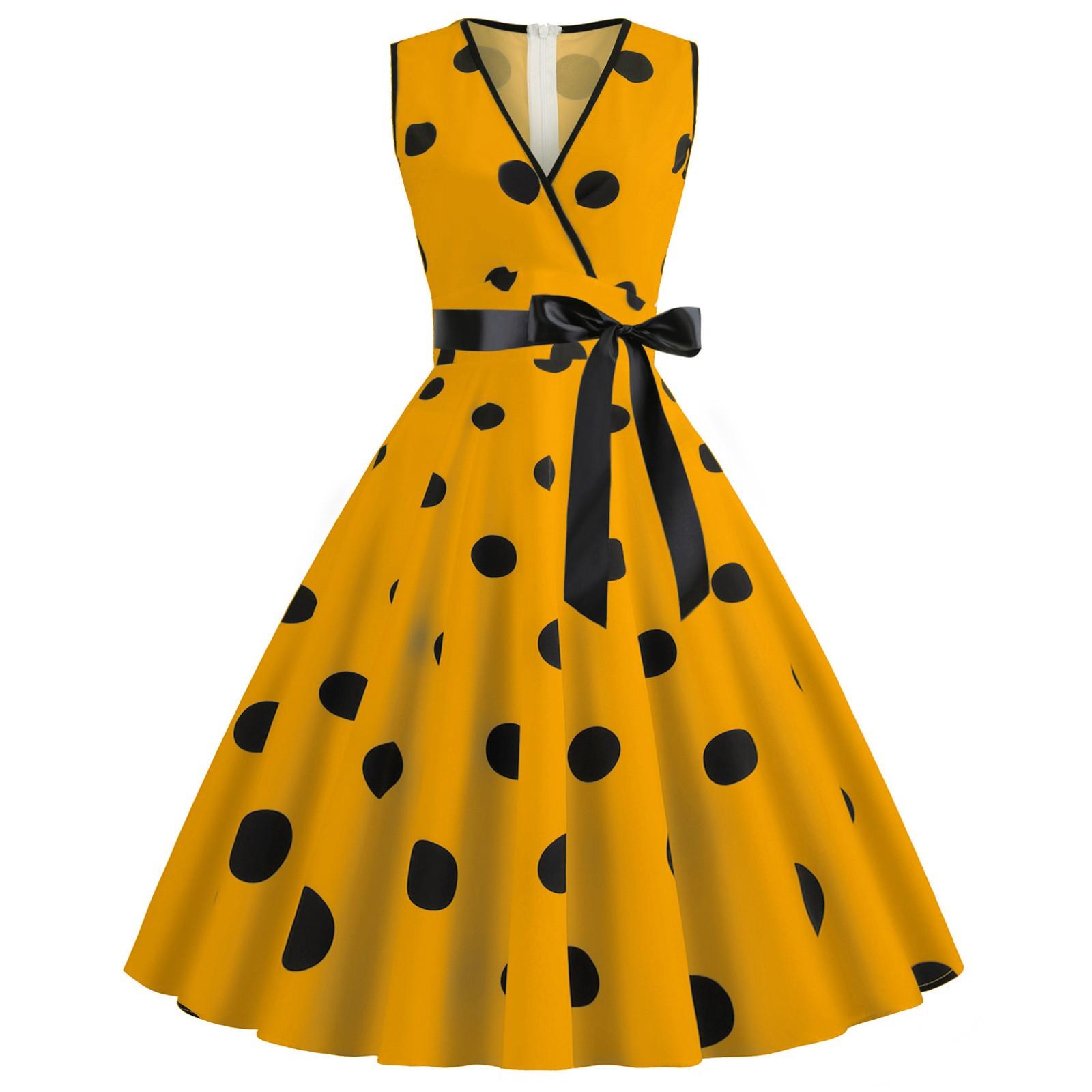 

Женское свободное платье в стиле ретро без рукавов с v-образным вырезом и принтом в горошек, черная лента на талии XXL жёлтый
