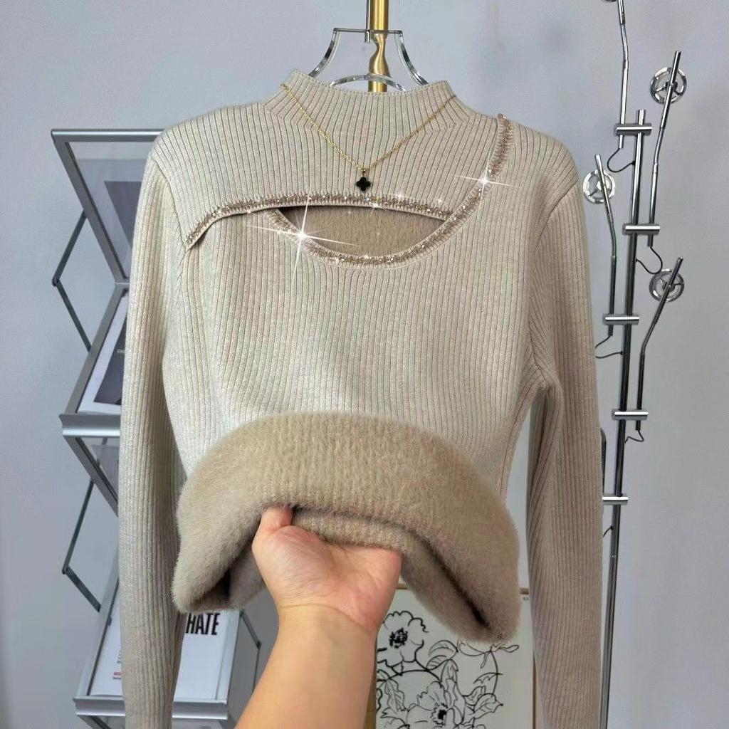 One Piece Sweater High Neck Autumn and Winter Hollow Knitting Base Design Thickened Top for Women