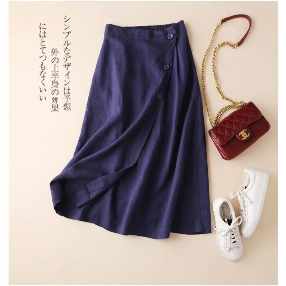 Gonna midi a pieghe con vita alta in misto lino da donna, stile casual a portafoglio con bottoni