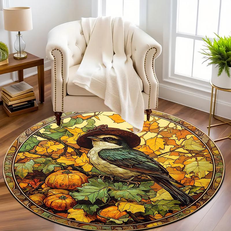 Bird-flower retro style Flannel-printed round floor mats are slip-resistant Suitable living room bedroom terrace garden carpets