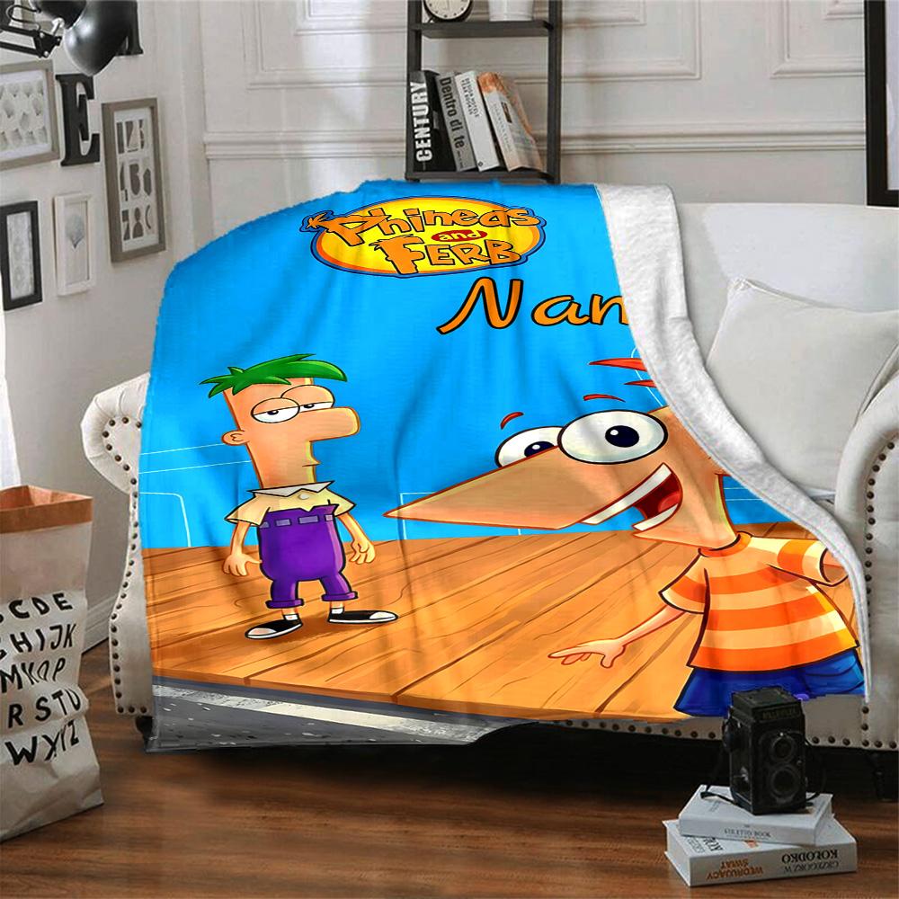 Custom Name Phineas Ferb's Backyard Adventure flannel Blanket for Super Soft Cute Comfort Blanket for Travel Bedding Couch Sofa Blanket