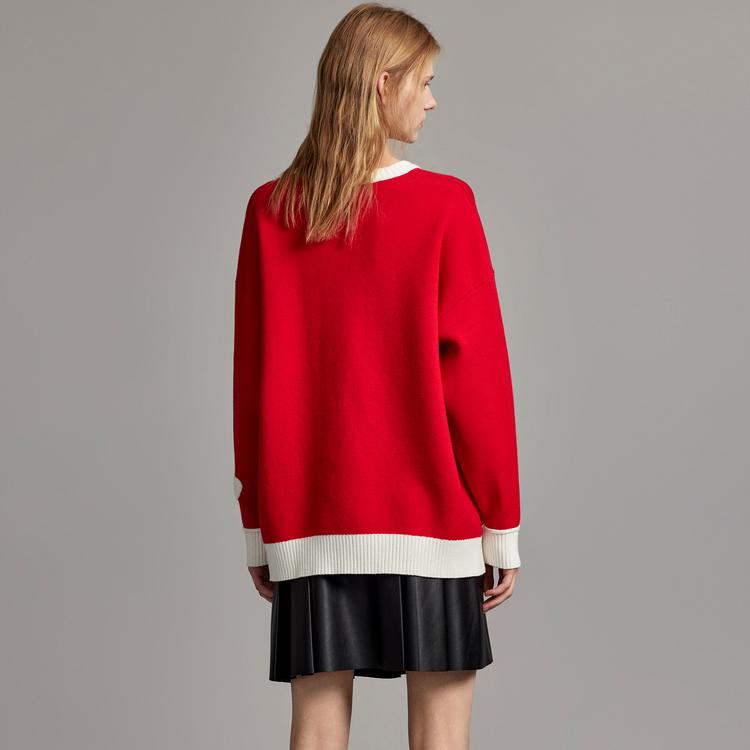 ELLE New Year Series Color Block Letter Dragon Head Jacquard Round Neck Drop Shoulder Loose Pullover Sweater Women Sweater Red EZ36923