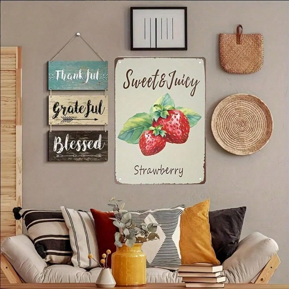 Vintage Strawberry Sweet & Juicy Metal Sign 8x12 Inch, Retro 2D Flat Decorative Plaque with Pre-Drilled Holes, Farmhouse Wall Art