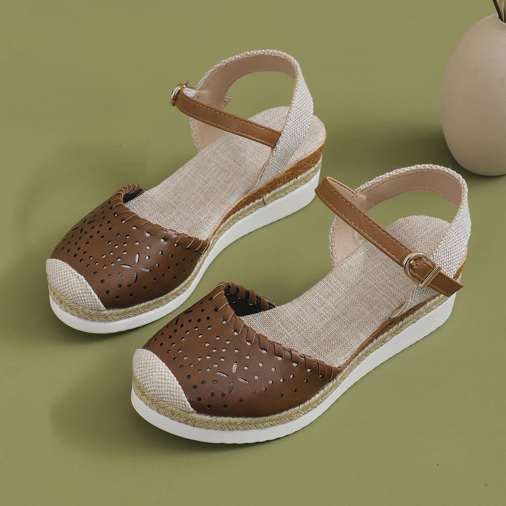 Große Farbabstimmung Tasche Kopf Hinten Leer Sandalen Keilabsatz Leichte Hanfseil Geflochtene Schnalle Plateau-Sandalen