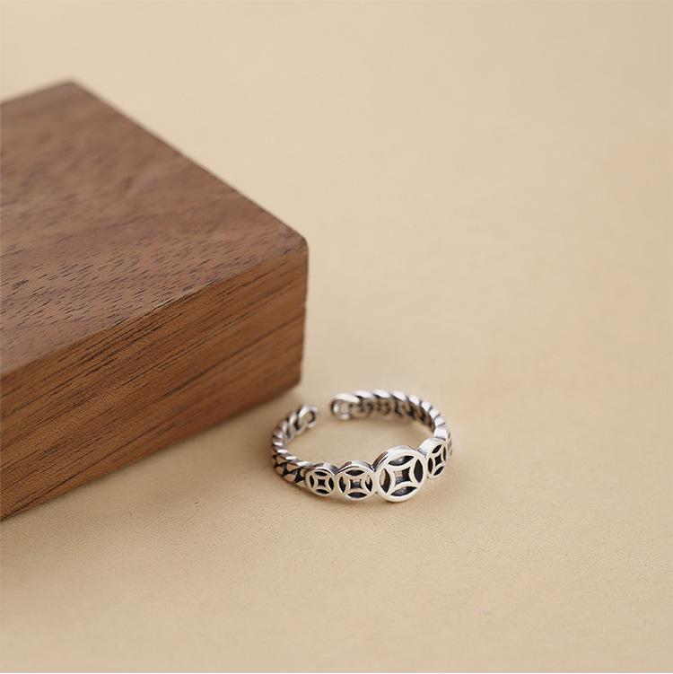 

S925 Sterling Silver Retro Copper Coin Open Ring - Japanese Korean Style, Five Blessings, Oxidized Finish Adjustable Open