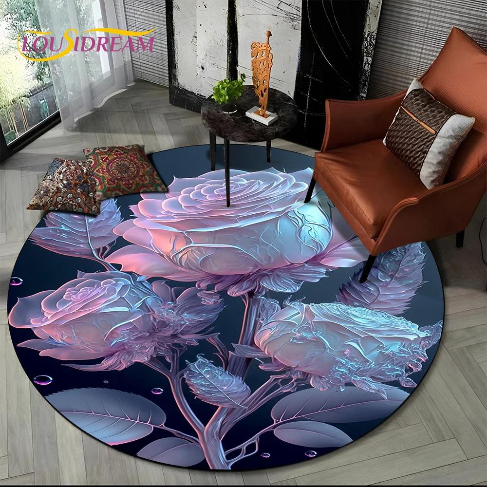 Covor rotund 3D Lux Floarea Soarelui Trandafir Nordic Margaretă pentru Decor Sofă Living Dormitor, Covor Zonă Copii Covoraș de Podea Antiderapant Cadou