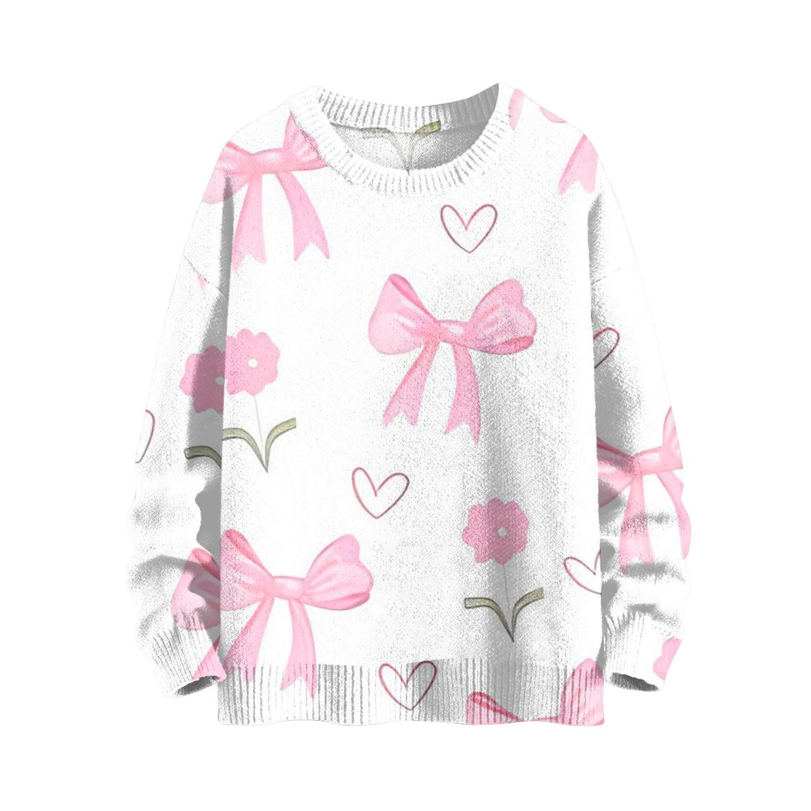 

Женская мода повседневный длинный рукав бант принт милый ворот шерстяной трикотажный пуловер топ XL белый