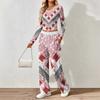 Spring and Autumn digital print women's V-neck long sleeve pants set, comfortable, casual, versatile, slim fit two-piece set