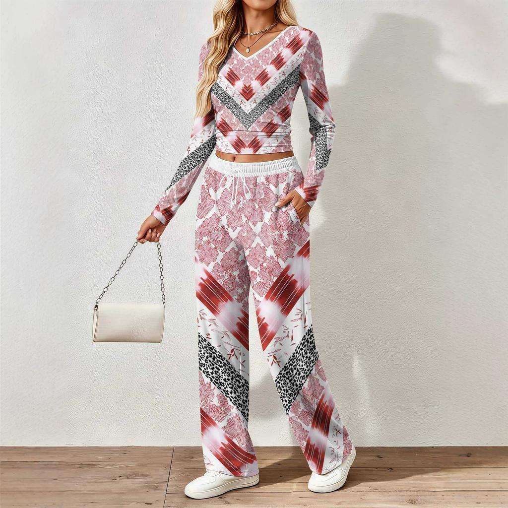 Spring and Autumn digital print women's V-neck long sleeve pants set, comfortable, casual, versatile, slim fit two-piece set