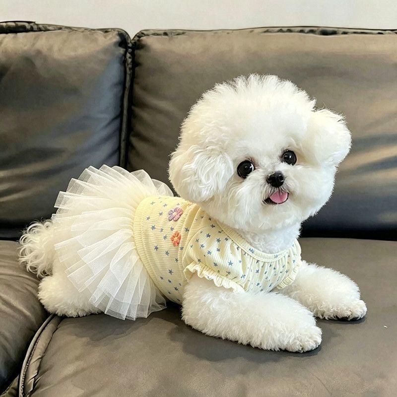 Thin breathable pet clothes floral flying sleeves princess dress puppy dog cat summer thin sunscreen skirt cute