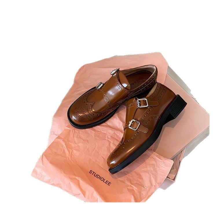 Cowhide version temperament French leather engraved Brock loafers women's platform small leather shoes thick heel single shoes derby shoes