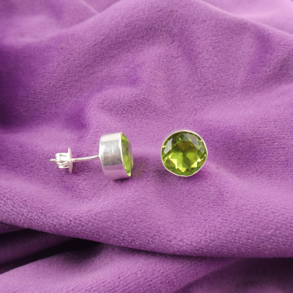 Round Heart Chakra Peridot Stone Sterling Silver Stud Post Boho Earrings Jewelry EE-150-1