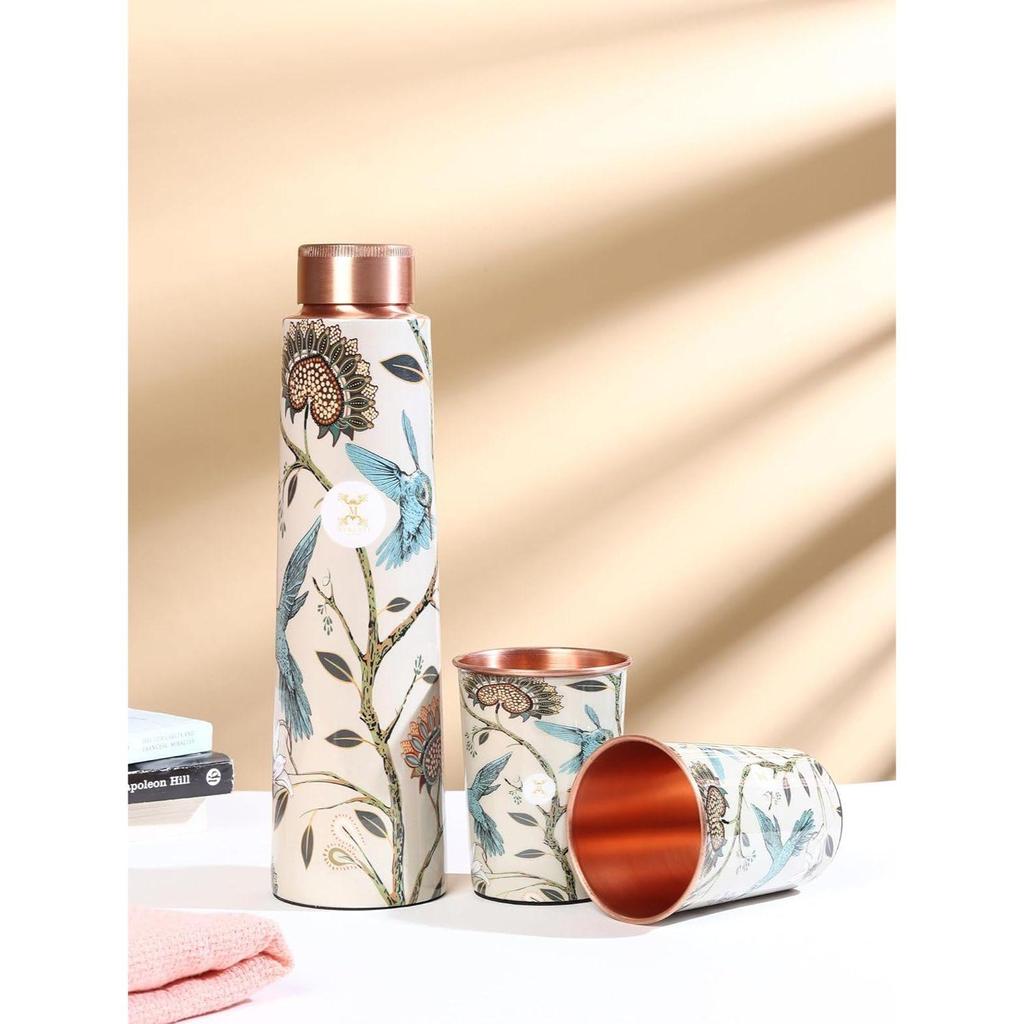 Láhev na vodu z čisté mědi 900 ml se skleněnou sadou Best Tamba v tištěném designu (900 ml 2x 300 ml)