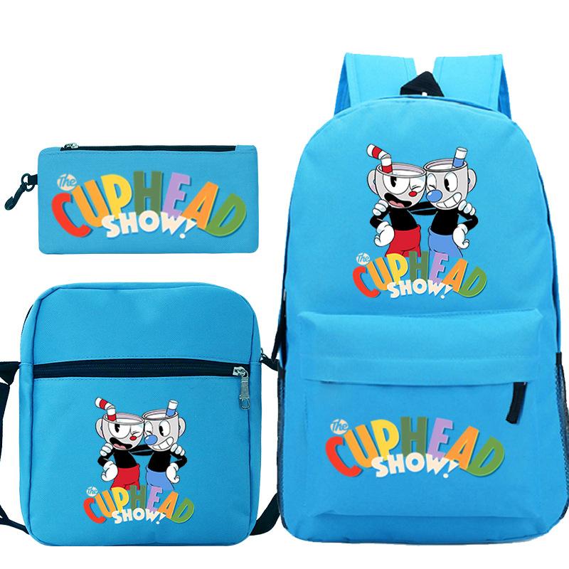 Cartoon Teacup Head Cuphead Student School Bag Backpack Three-piece Set Children's Shoulder Bag Pencil Bag