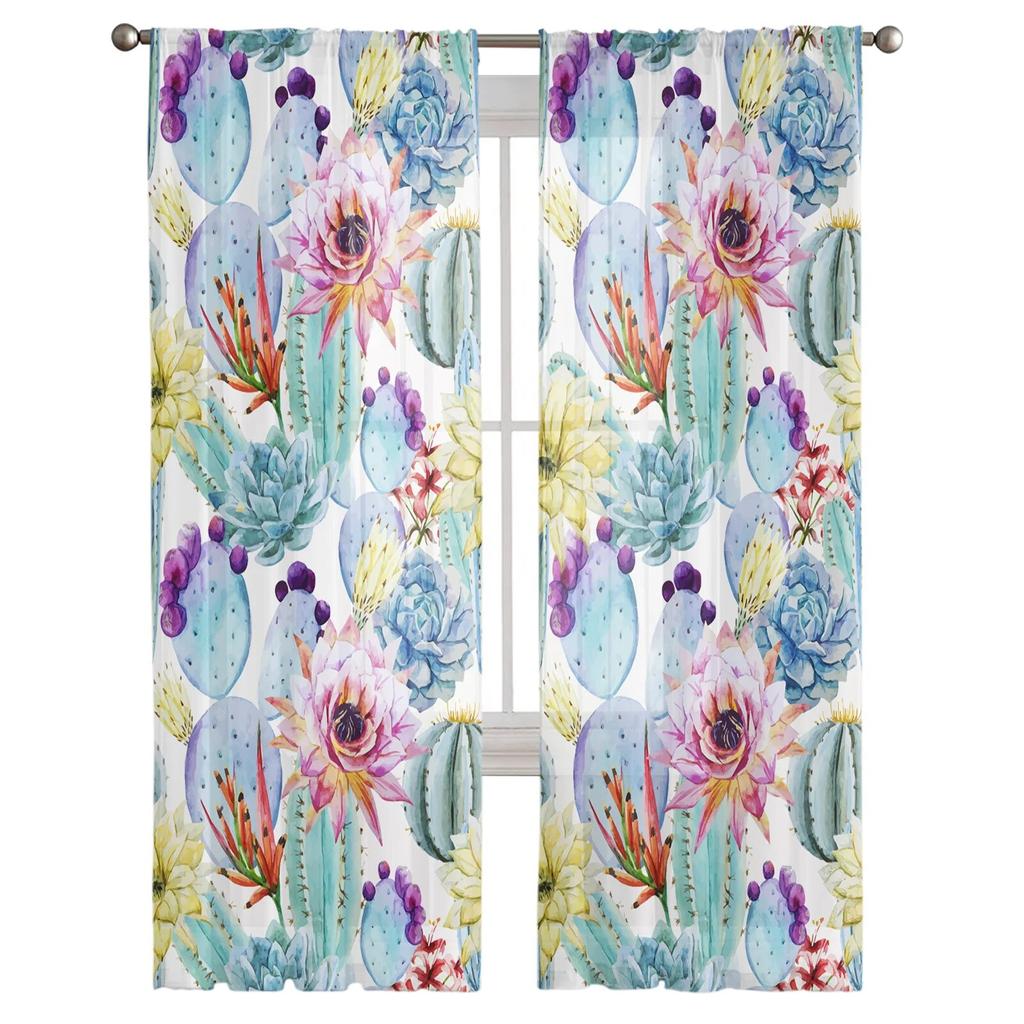 Växt Kaktus Blomma Tyllgardiner för Vardagsrum Draperier Fönster Skira Moderna Gardiner för Sovrumsinredning