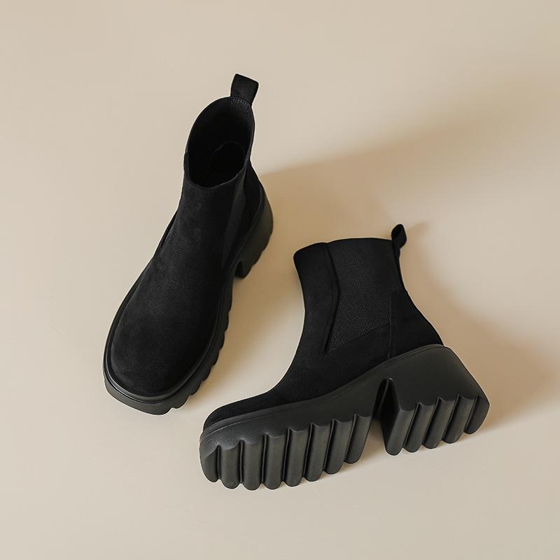 Silky suede 7cm thick heel light sole short boots women's 2025 autumn and winter elastic high heel short thin boots Martin boots
