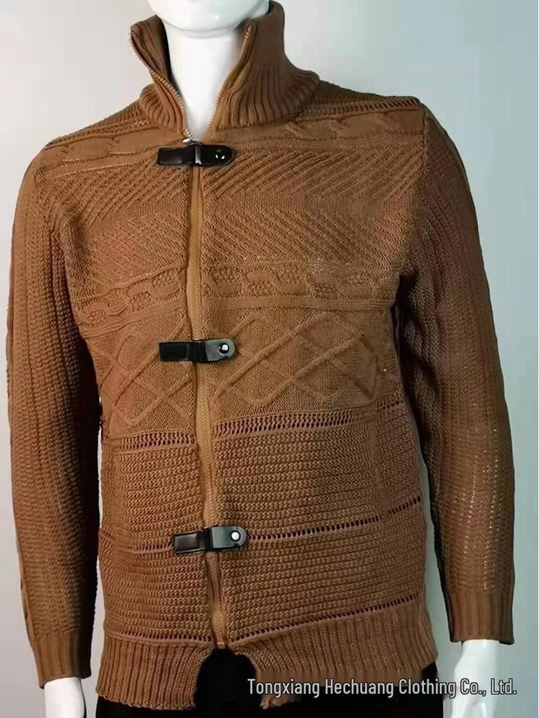 2025 Autumn/Winter Men's Plus Size High Neck Sweater Cardigan with Leather Buckle - European & American Style Long Sleeve Knit Coat