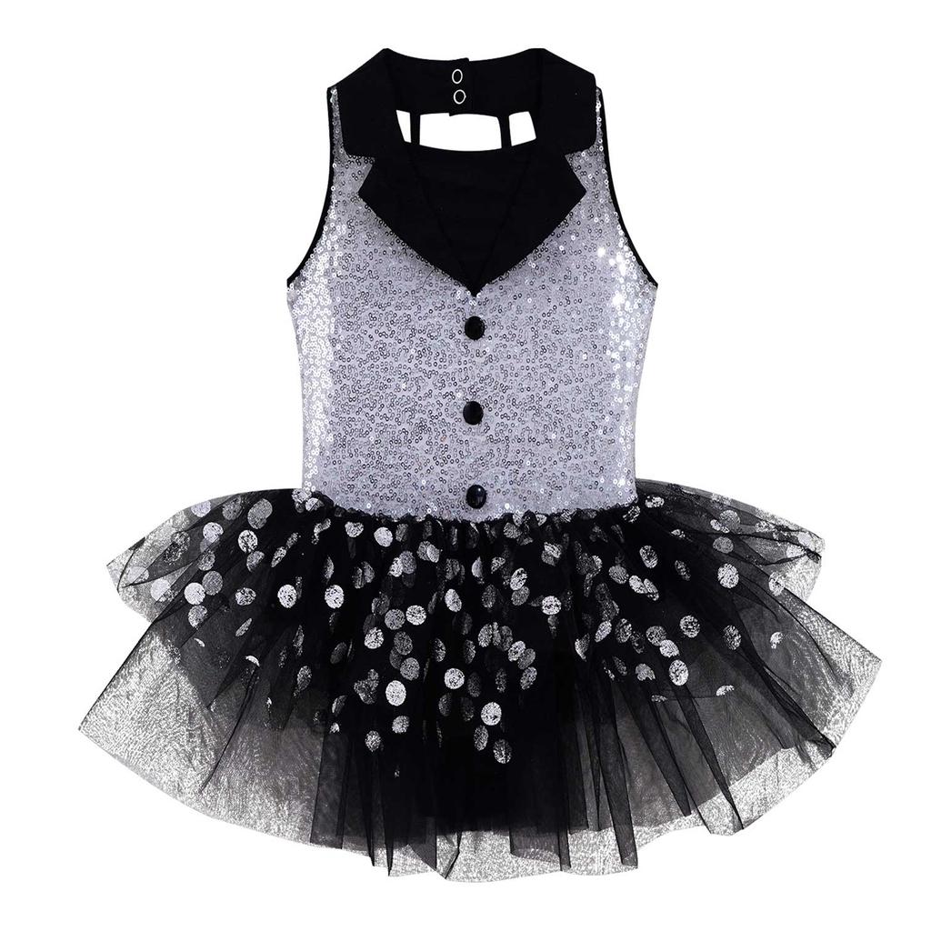 Kid's Casual Sequins Decor Polka Dots Print Hollow Back Suit Style Turndown Collar Party Dresses Dance Wear