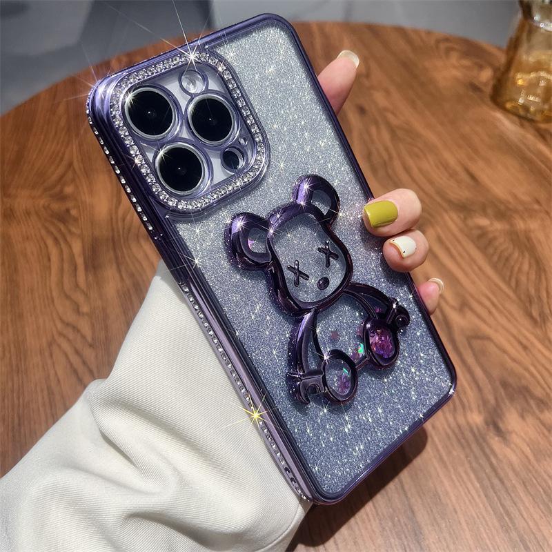 Quicksand glitter electroplating violent bear for iPhone16 mobile phone case 15 rhinestone gradual change 13 Apple 13 transparent case