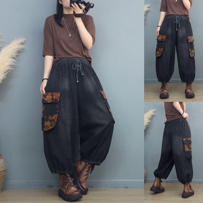 

Женские джинсовые брюки карго с большими карманами, набивные бриджи 9/10, ретро, повседневные, свободные, больших размеров, вареные брюки с широкими штанинами 3XL