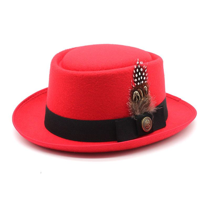 European and American new hats British retro fashion versatile jazz hats flat top tweed feather French gift
