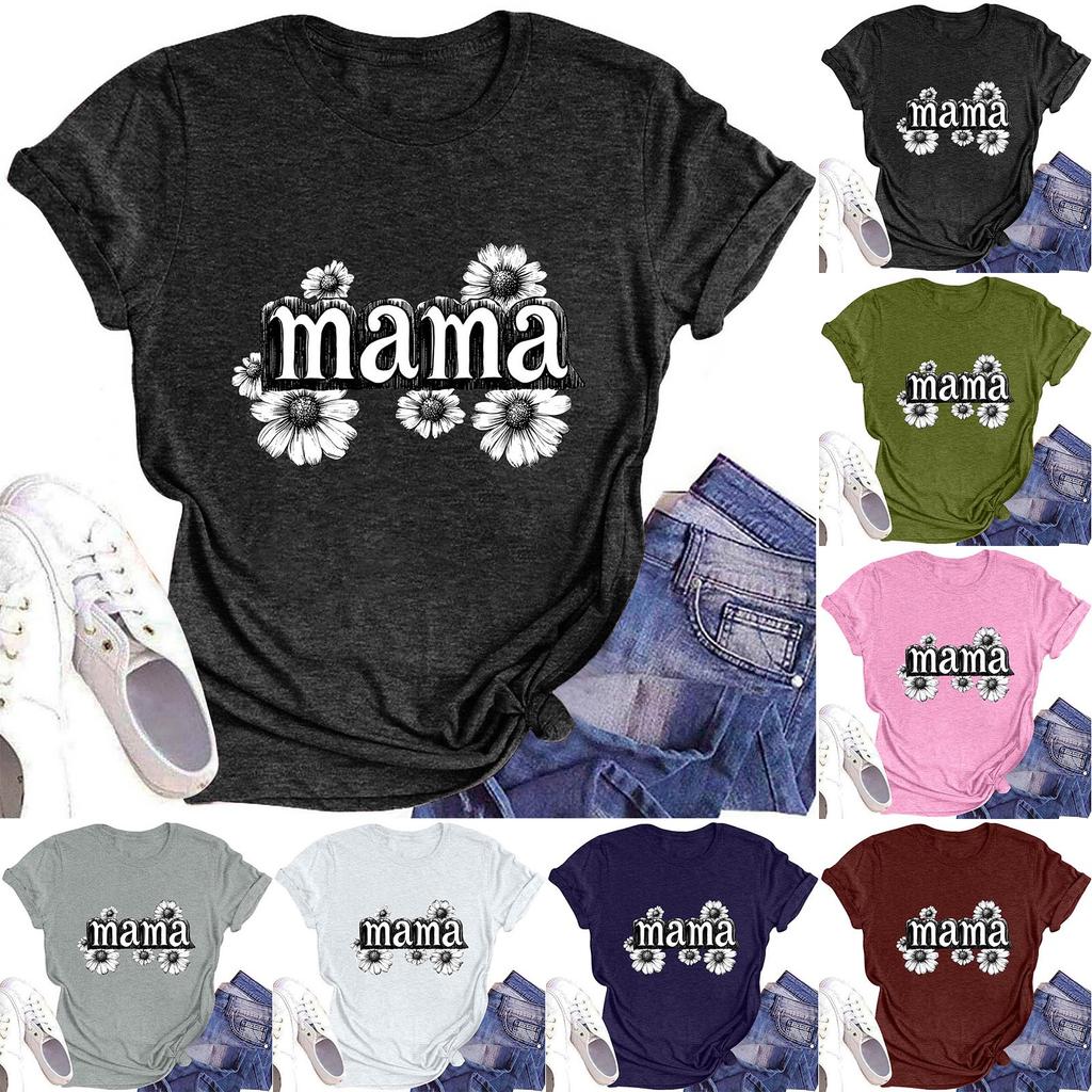 Damenmode Rundhals Kurzarm T-Shirt Muttertag Bedruckt Lässiges Oberteil