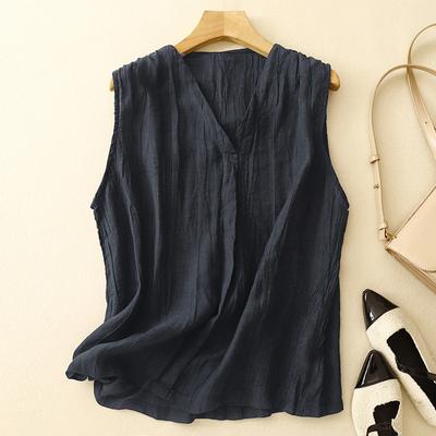 Summer Cotton Linen Pleated Thin Sleeveless Outerwear Niche Vest Vest for Women In Vests & Waistcoats Women’s