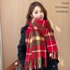 Premium Winter Korean Plaid Scarf: Warm, Thick, Red, Tassel Shawl for Women
