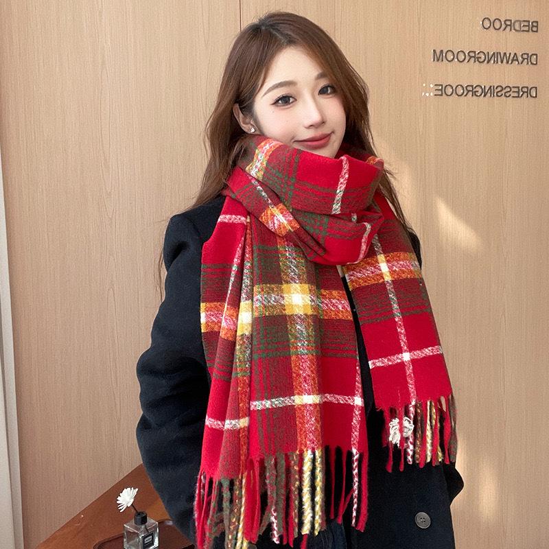 Premium Winter Korean Plaid Scarf: Warm, Thick, Red, Tassel Shawl for Women