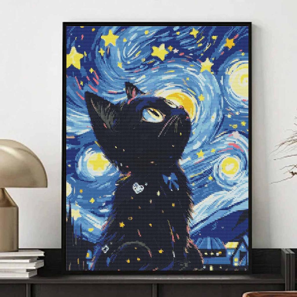 Black Cat DIY Diamond Art Painting Kit with Shiny Resin Diamonds for Adults Relaxing Craft Wall Decor and Handmade Gift Idea Set Decor