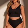 Women's Plus Size High Waist Two Piece Swimsuit, Modest Solid Ribbed Bathing Suit, Tummy Control Ruched Bikini Set