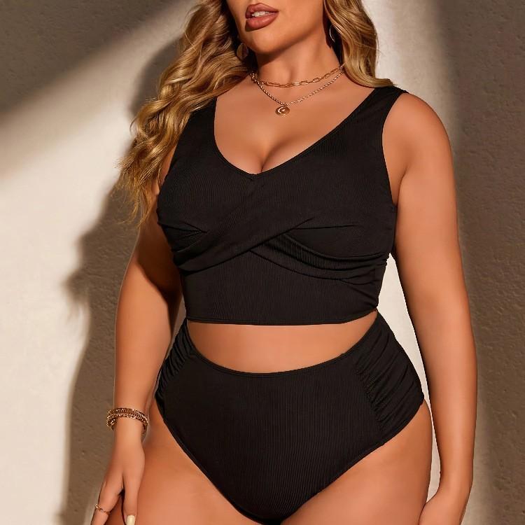 Women's Plus Size High Waist Two Piece Swimsuit, Modest Solid Ribbed Bathing Suit, Tummy Control Ruched Bikini Set