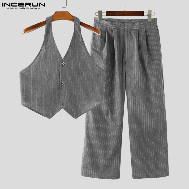INCERUN Two Pieces Men Halter Neck Sleeveless Vest and Zipper Up Long Suit Pants Sets