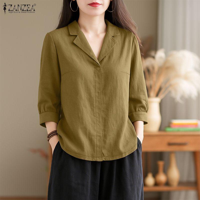 ZANZEA Women Turn Down Collar Loose Casual 3/4 Sleeve Blouse