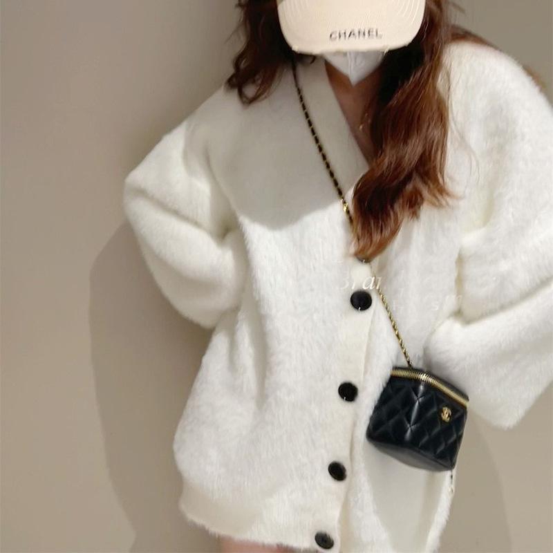 Korean Style Loose Faux Mink Velvet V-neck Cardigan Coat for Women